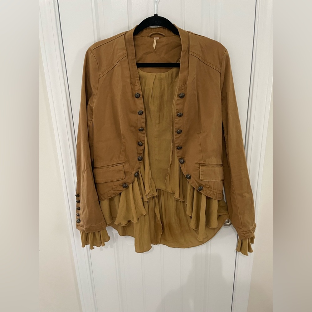 Free People Tan Blazer with Ruffle Peplum